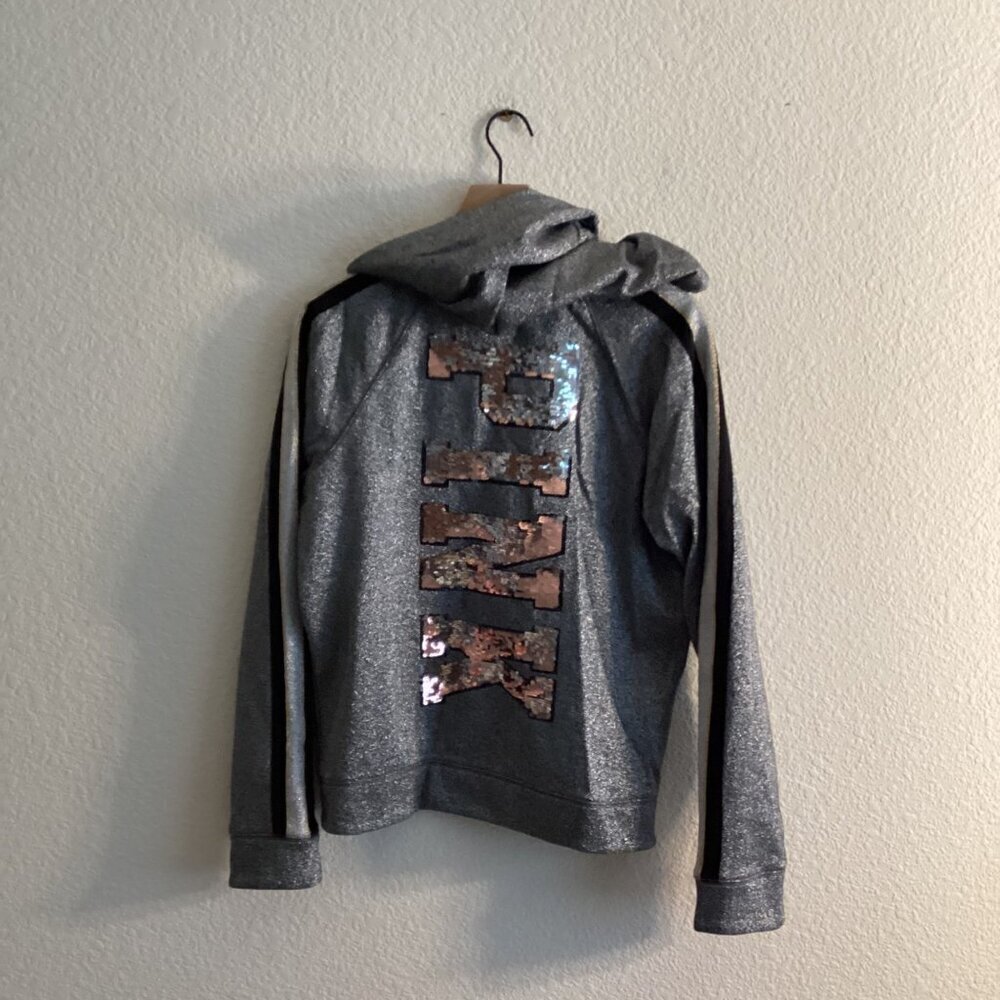 PINK Victoria’s Secret Hoodie Women's Jacket Large – Gray, Sequin Logo, Full Zip - Picture 6 of 9